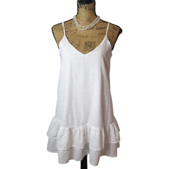 GB Juniors Sleeveless Mini Dress S White Eyelet Ruffle Hem Cottage Fairy Summer - Picture 1 of 6